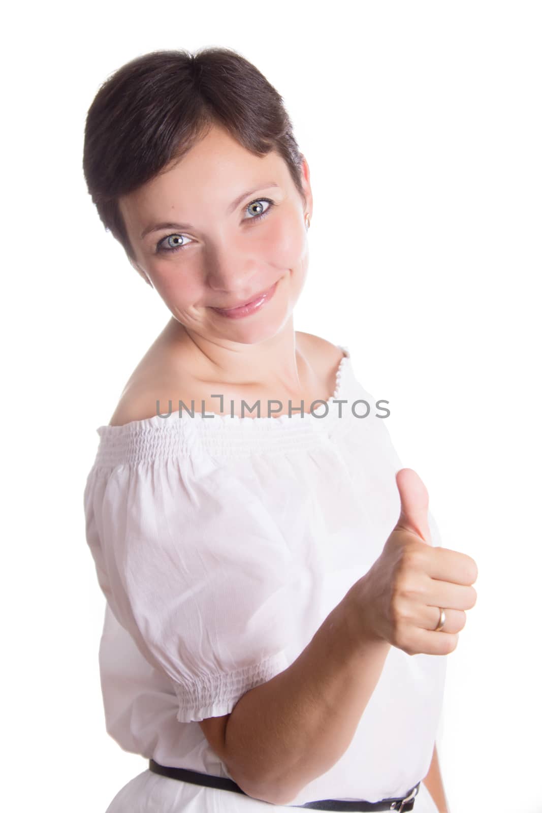 Pozitive woman with short haircut and thumb up isolated on white