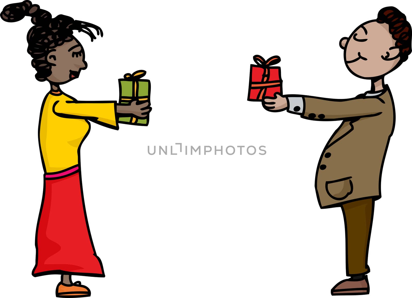Cute man and woman exchanging gifts over white background