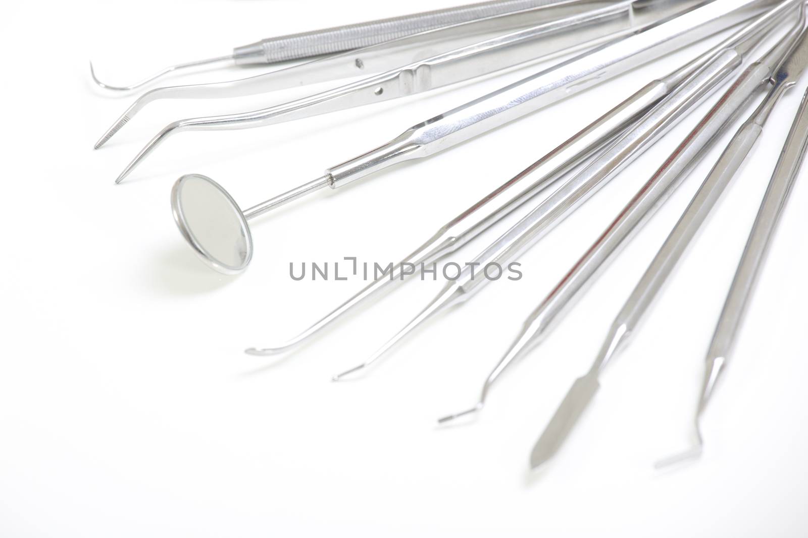 Set of metal medical equipment tools for teeth dental care