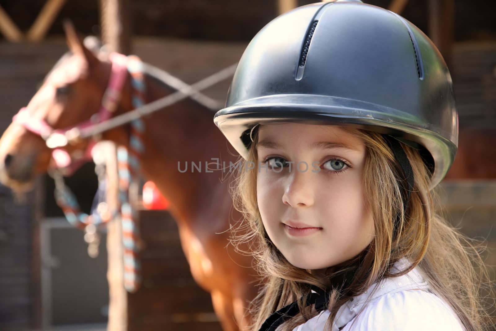 Portrait of little girl and brown Horse