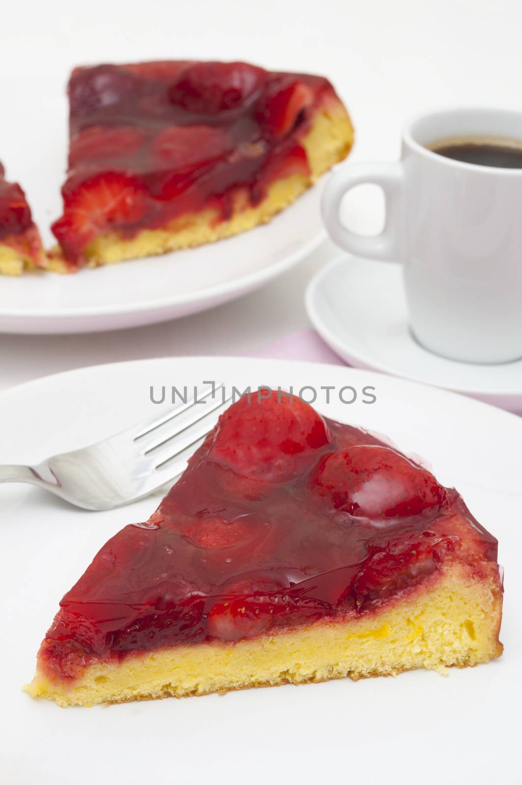 Homemade Strawberry Cake with Jelly and Cup of Coffee