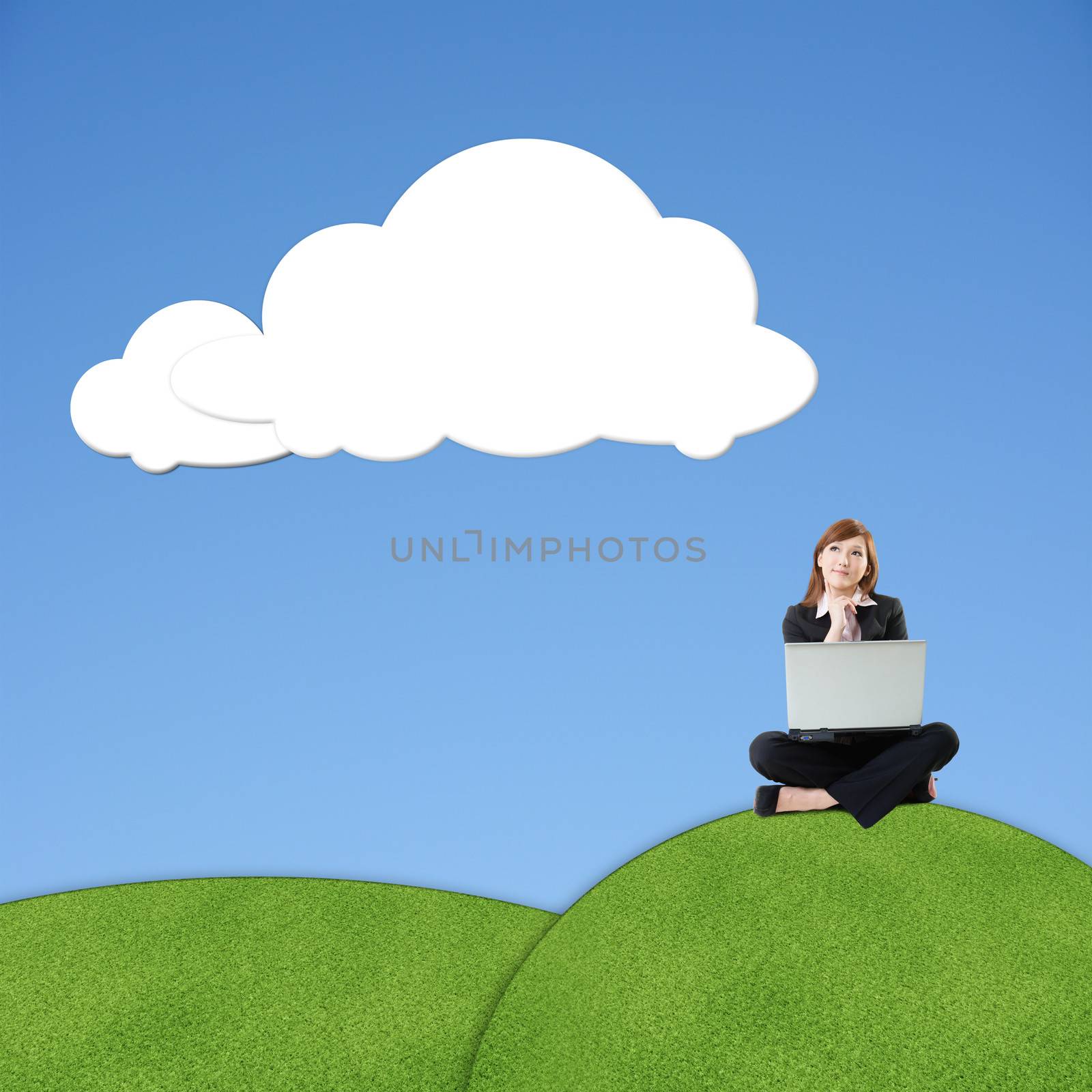 Asian business woman sit on grassland under blank white clouds, photo manipulation.
