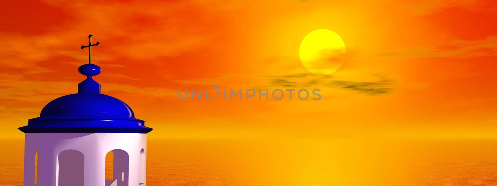 Greek white church with blue dome by sunset colorful sky