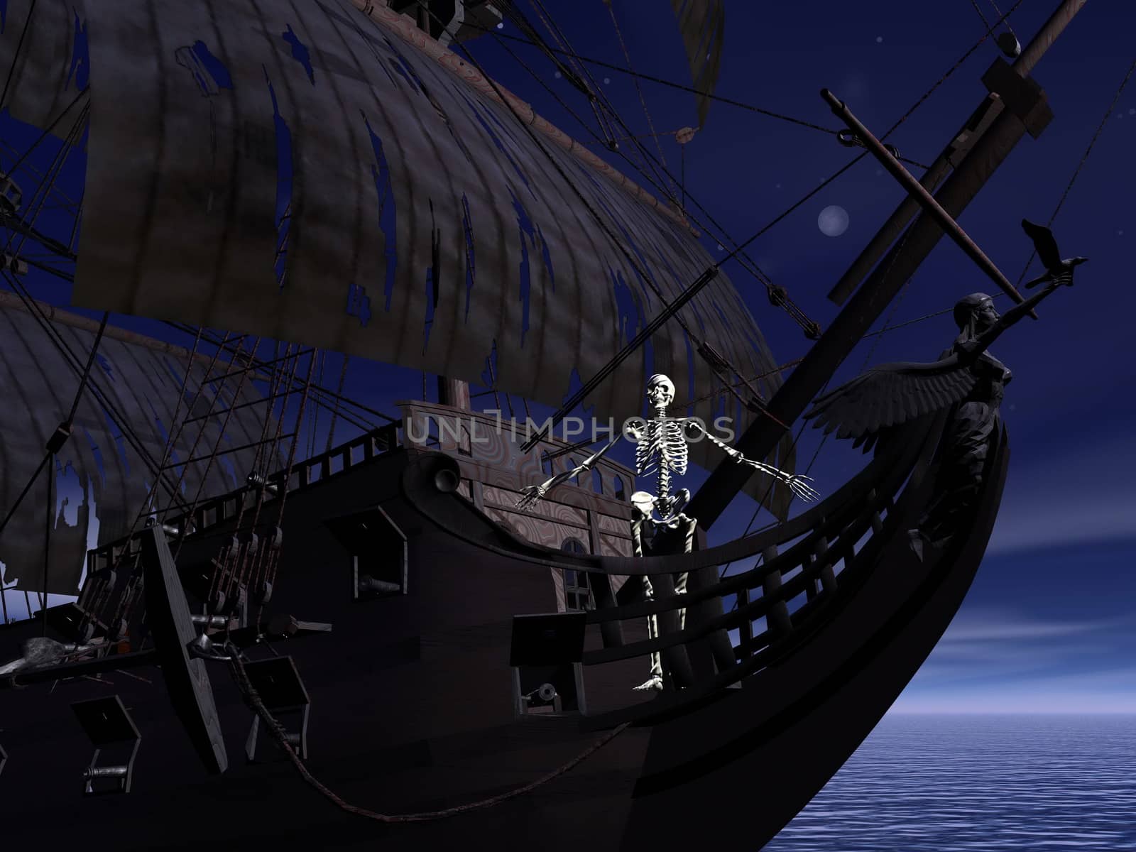 Captain skeleton at the front of a ghost boat by night time