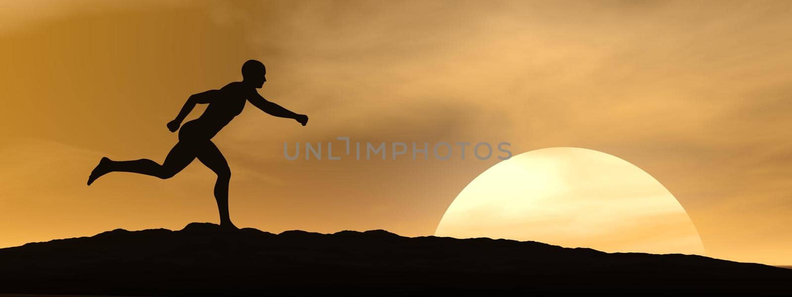 One man running on a hill by brown sunset