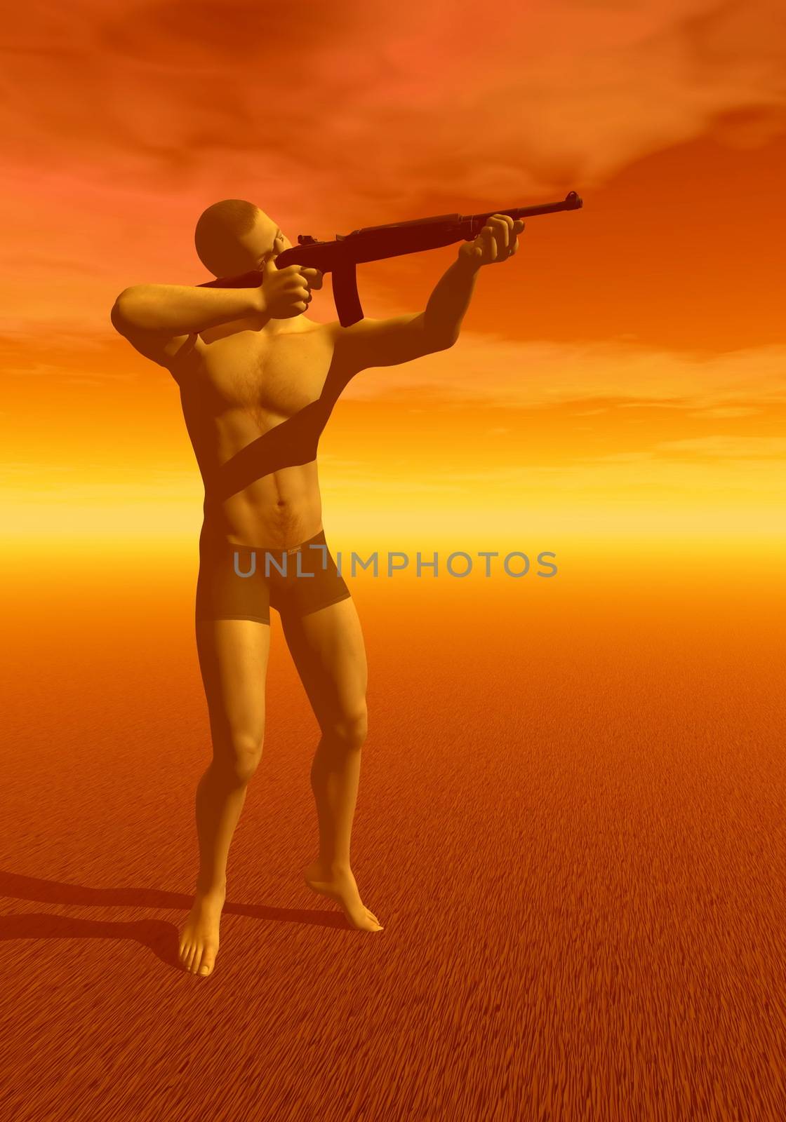 Hunter man holding rifle in orange sunset background