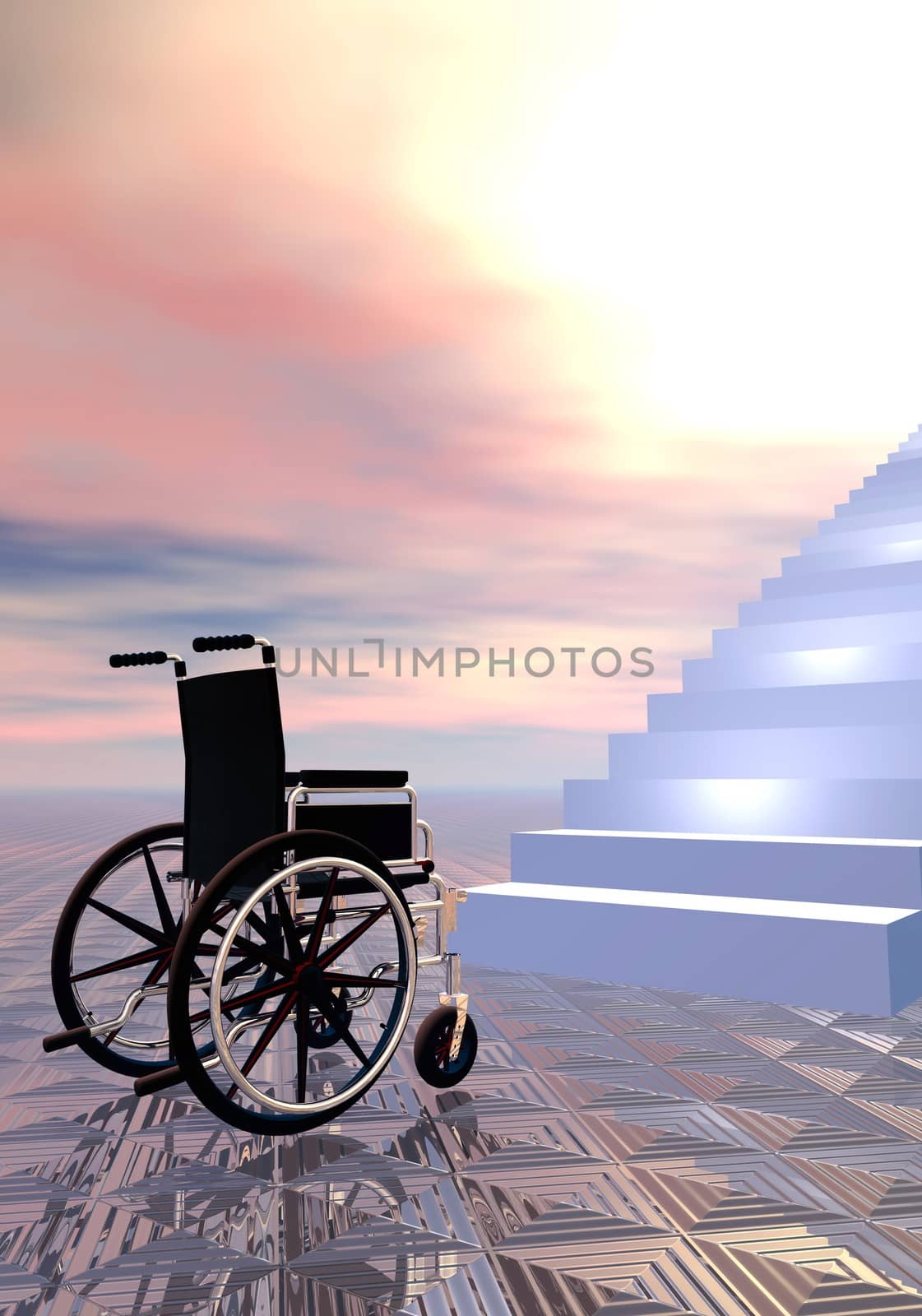 Wheelchair can not go further because of stairs, sunset sky