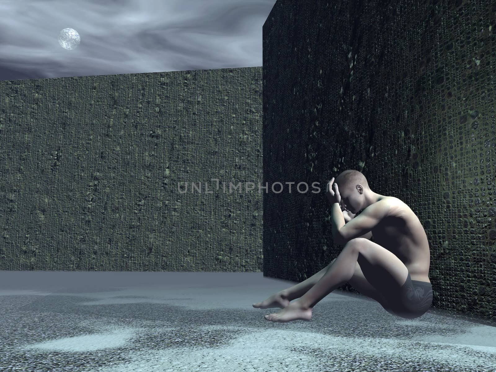 Young man sitting alone in the street against a wall feeling sad by full moon light