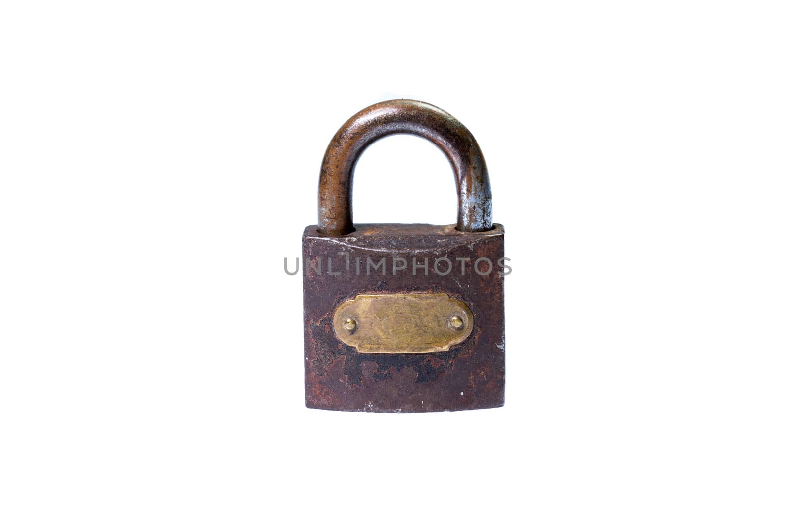 Locked padlock close-up isolated on white with gold tag