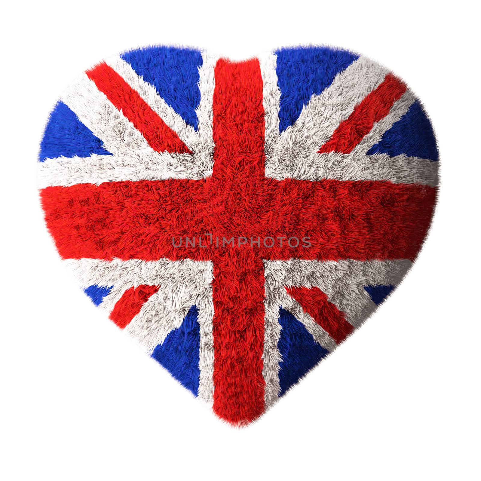 Fluffy heart shaped British flag. isolated on white background.