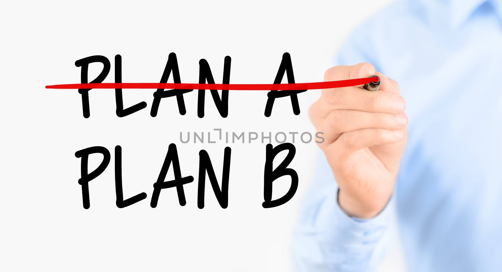 Business plan strategy changing. Businessman crossing over plan A, writing plan B. Isolated on white background.