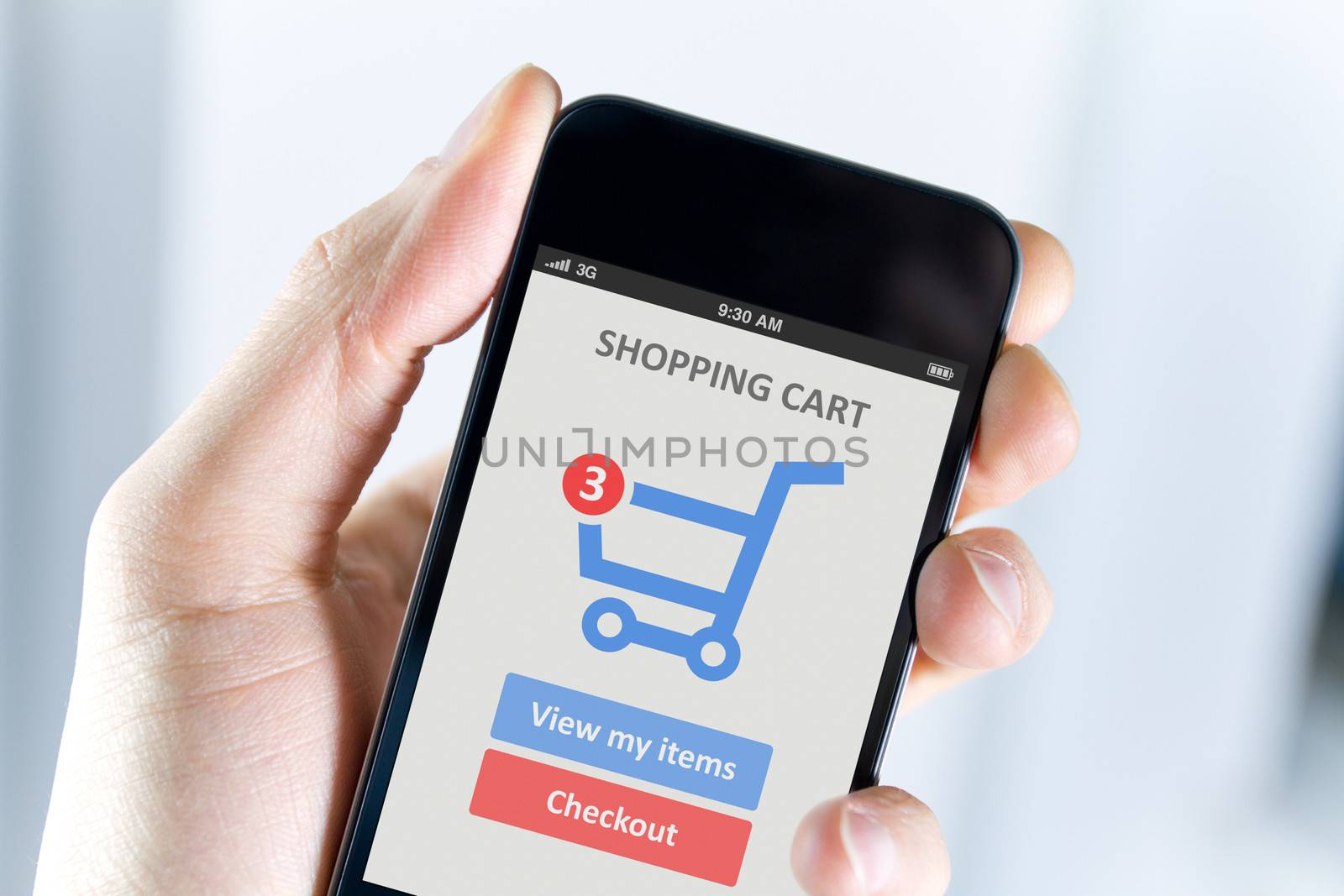 Mens hand holding modern mobile phone with online shopping application on a screen. 