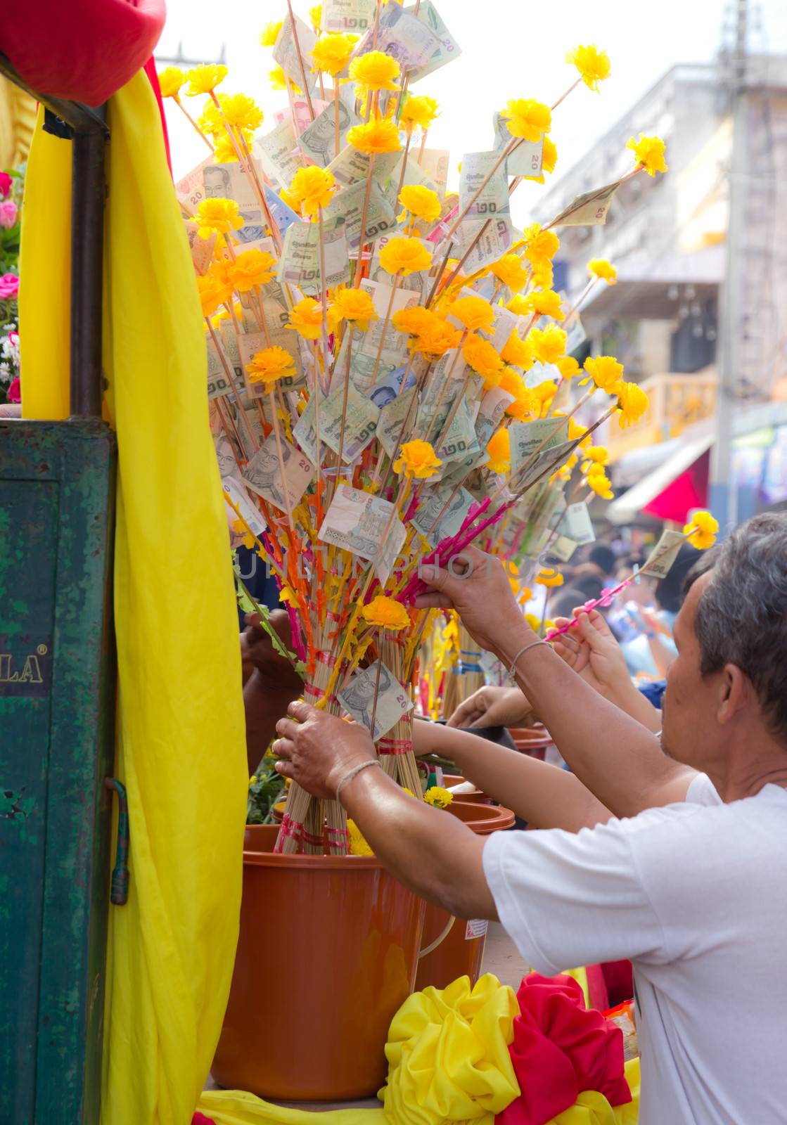 Phrae,Thailand - October 31,2012 : Unidentified Buddhist monks is given food offering from people at the morning on End of Buddhist Lent Day. on october 31, 2011 in Muang, Phrae, Thailand.