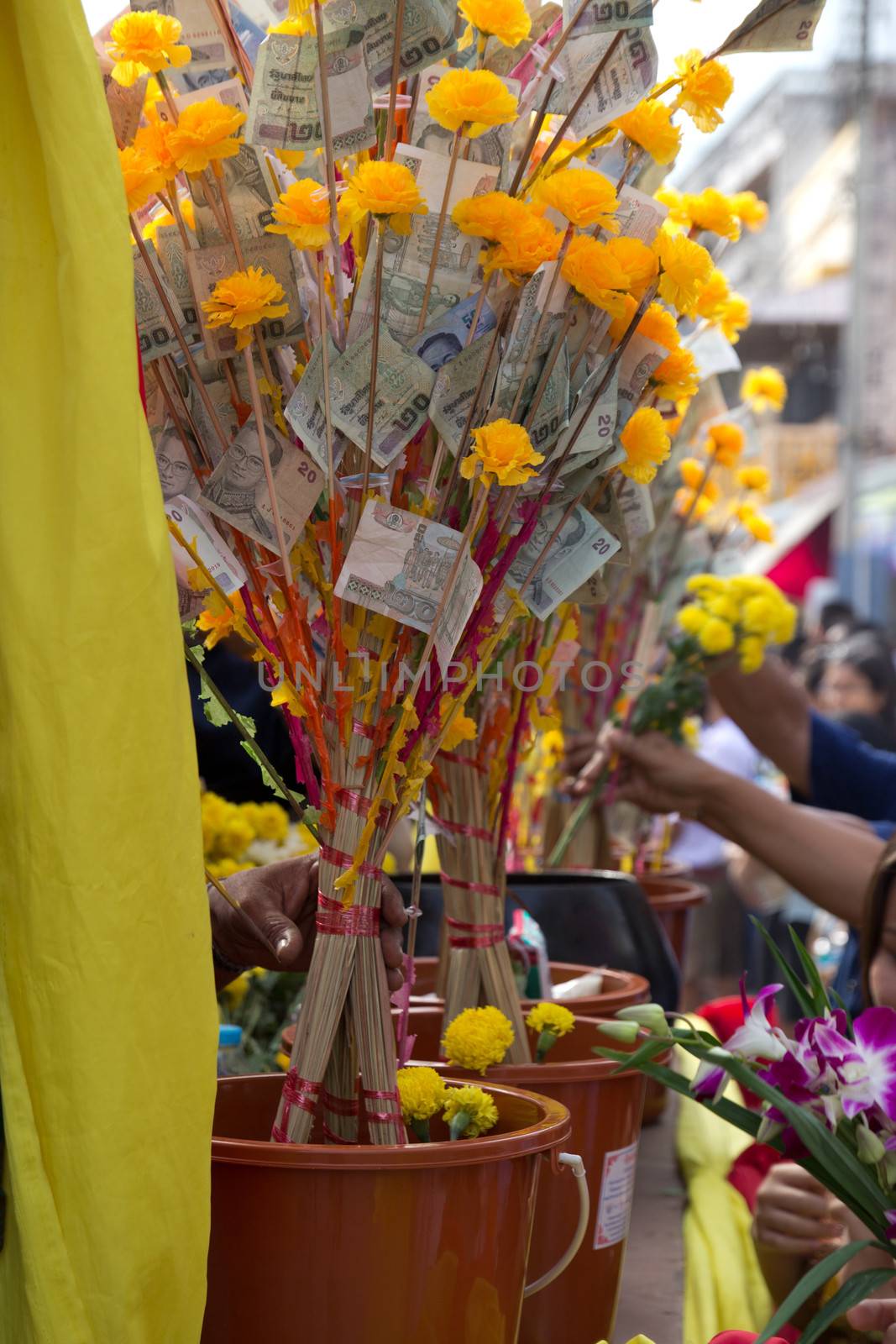 Phrae,Thailand - October 31,2012 : Unidentified Buddhist monks is given food offering from people at the morning on End of Buddhist Lent Day. on october 31, 2011 in Muang, Phrae, Thailand.