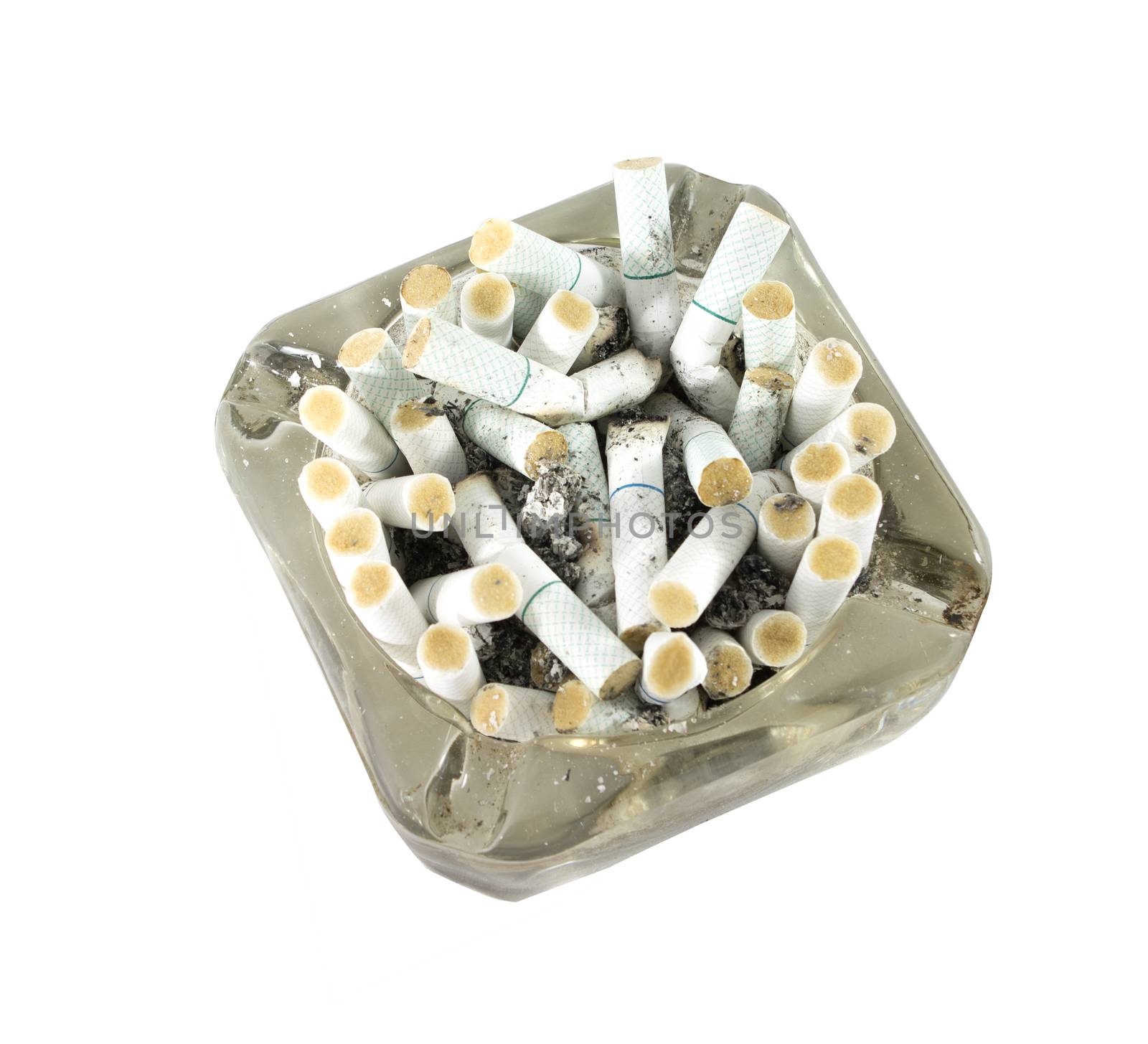 Cigarette butt in ashtray isolated on white background