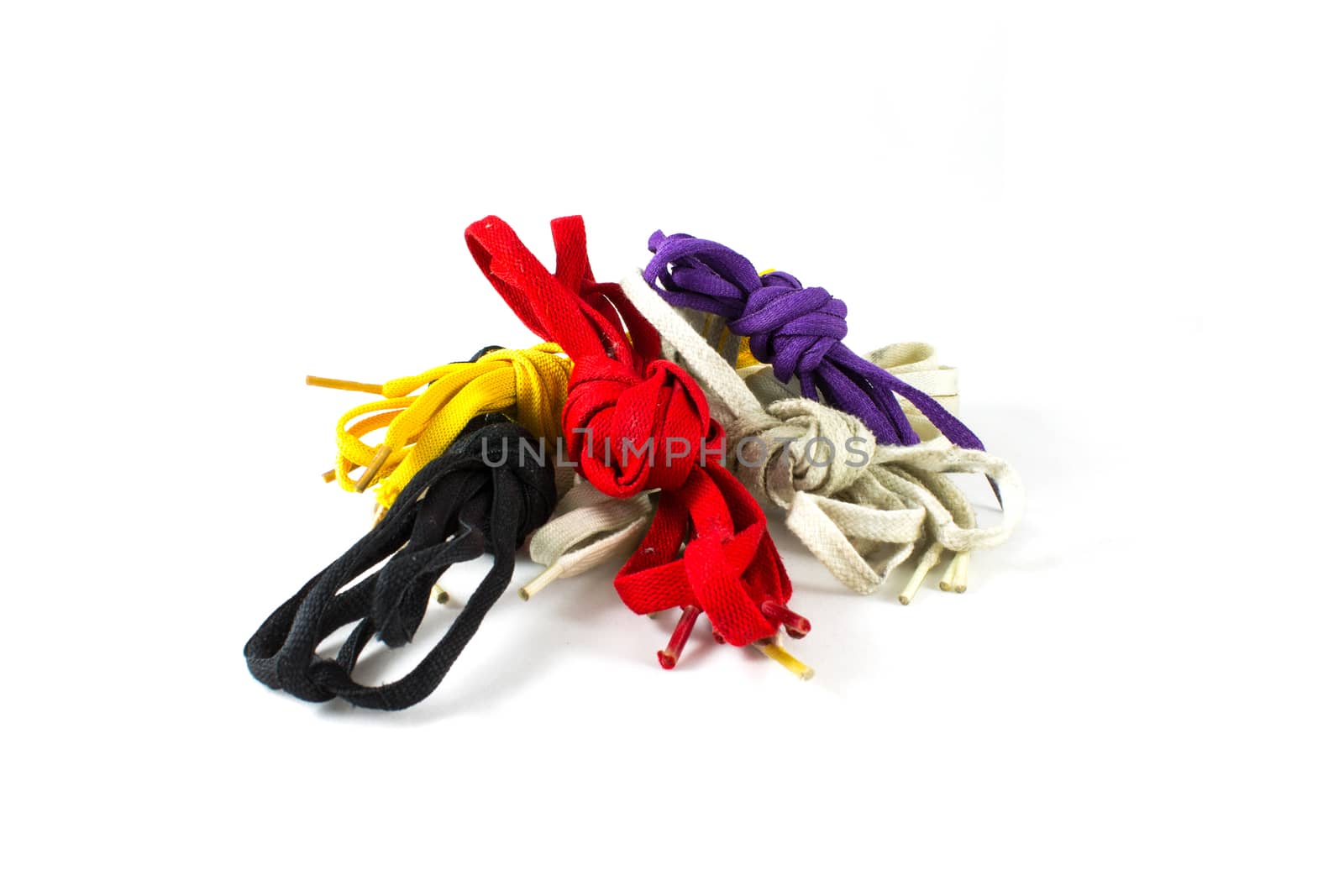 Colour shoelace, white, purple, black, yellow,  isolated on white background