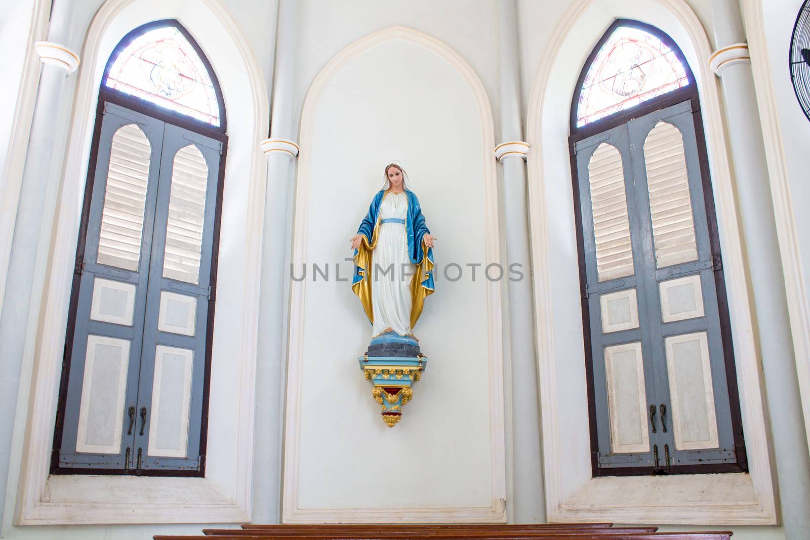 A statue representing the Virgin Mary. Our Lady of Nativity Cathedral , The Church of the Virgin Mary of Asanawihan Maephrabangkerd, Samut Songkhram