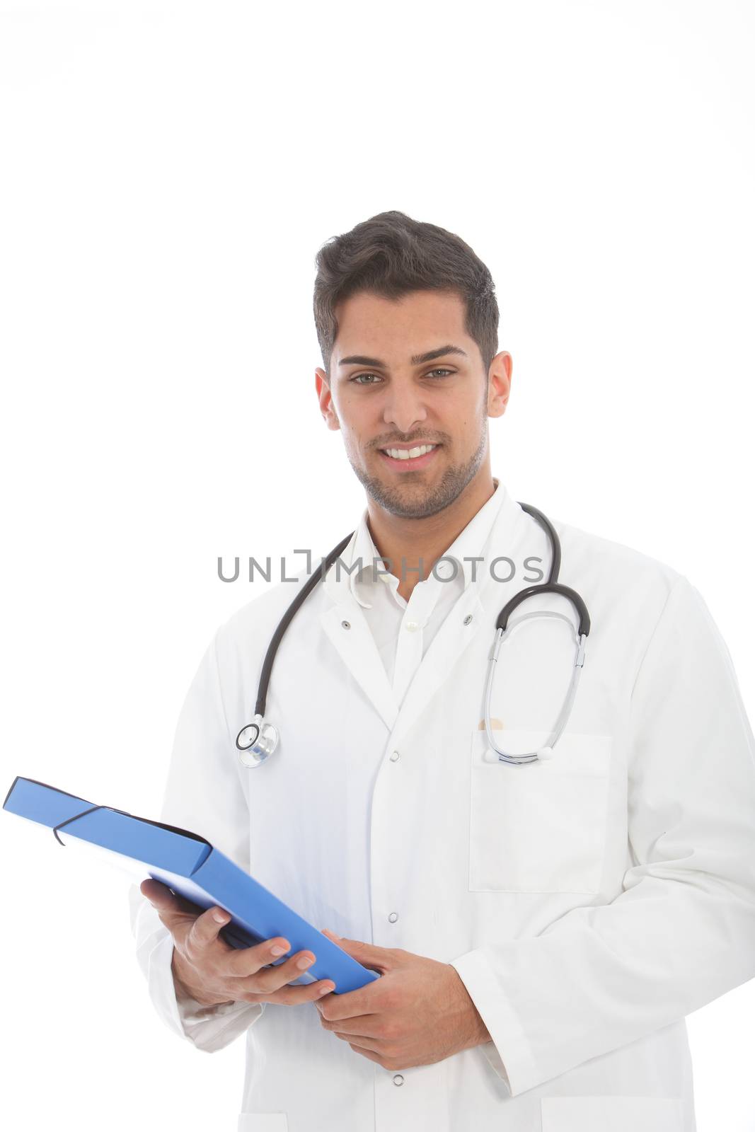 Handsome young male doctor with a stethoscope around his neck and holding a file of patients records in his hands doing his ward rounds in the hospital