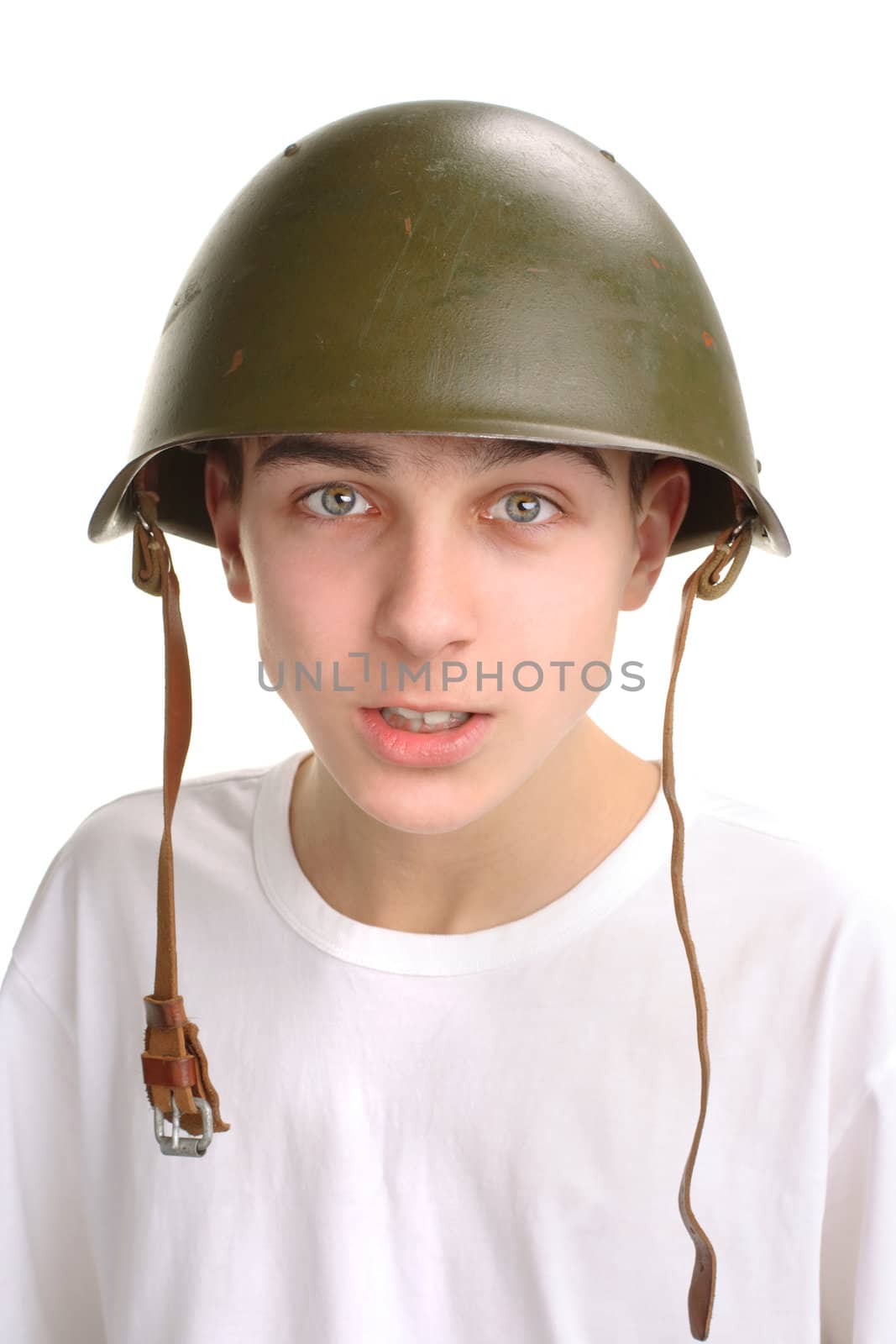 The teenager in a military helmet