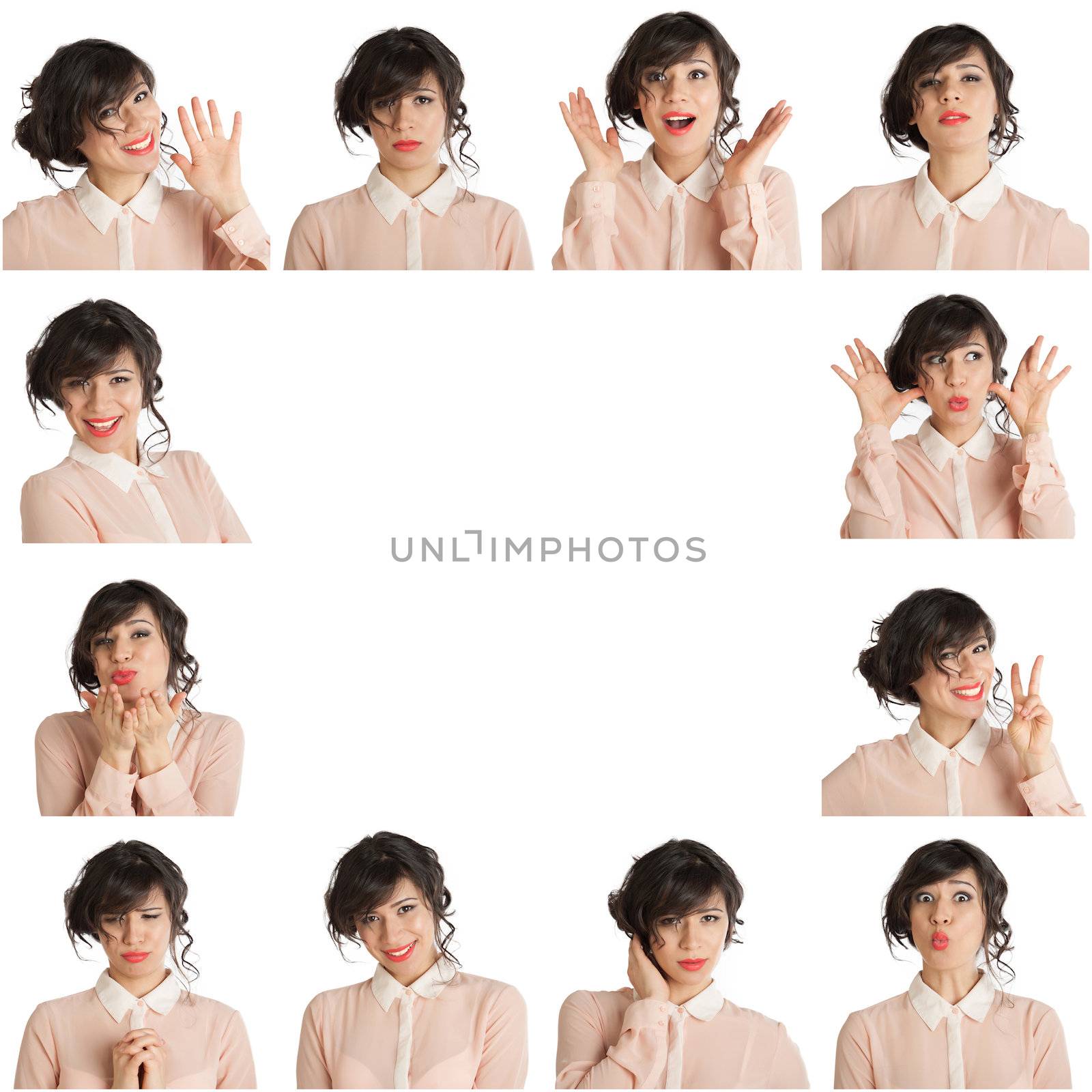 Collage of a woman with different facial expressions on a white background