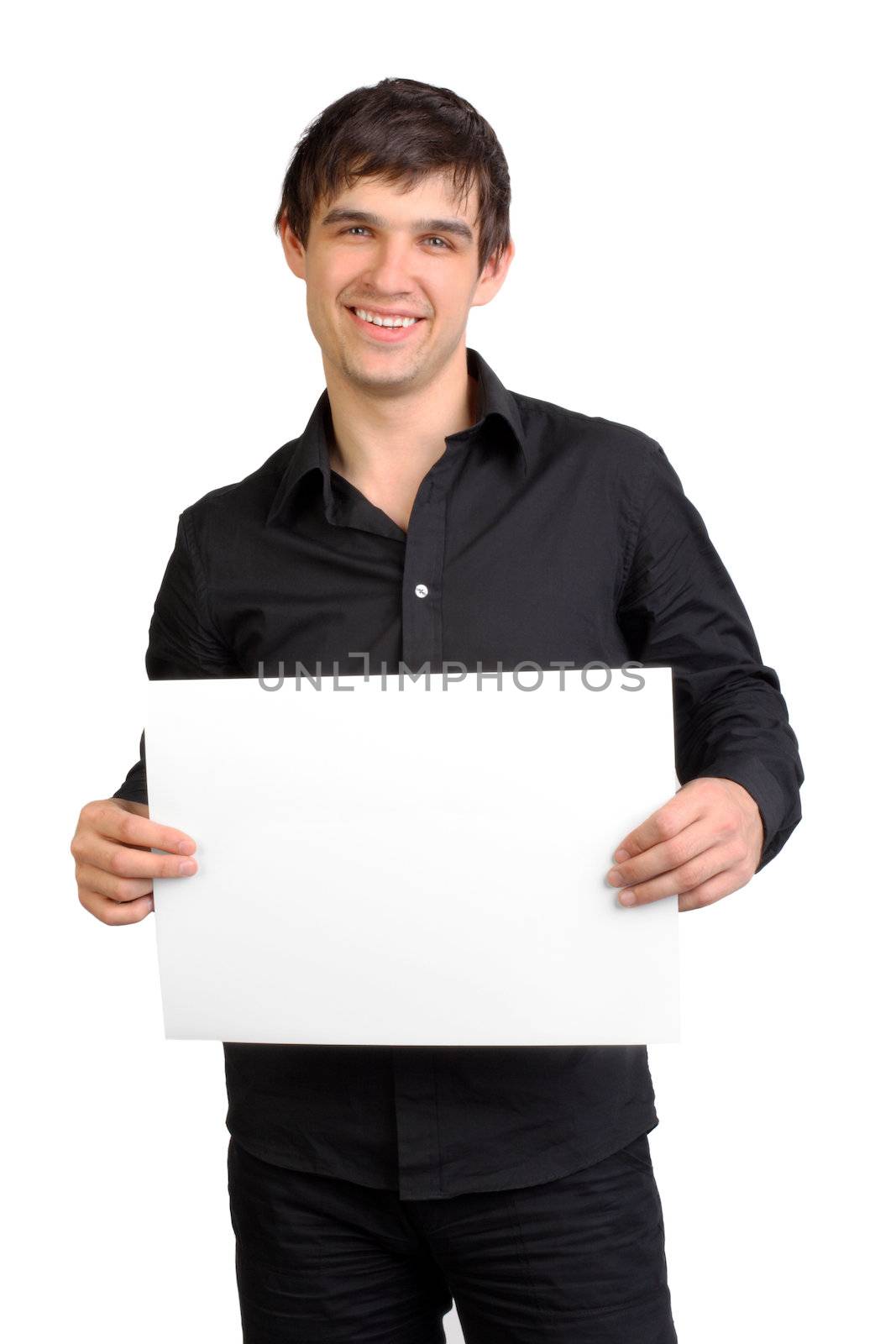 man holding blank paper isolated on the white