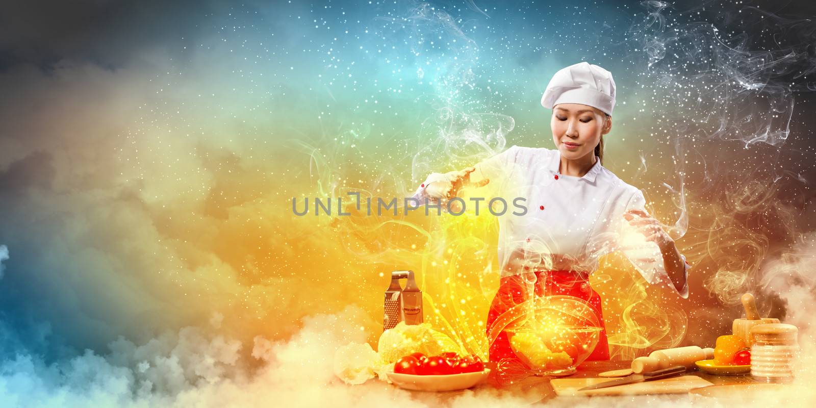 Asian female cooking with magic by sergey_nivens