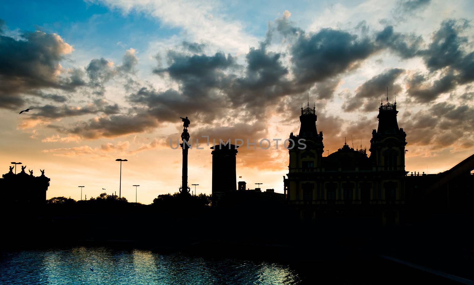 Sights of Barcelona against the evening sky