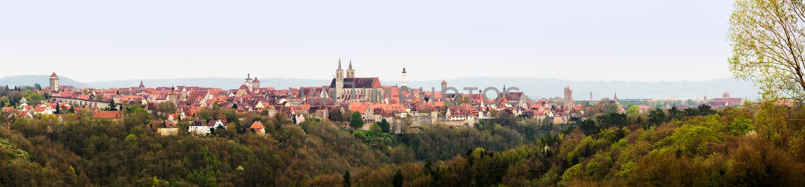High definition broad panoramic skyline view of Rothenburg ob der Tauber in Germany showing the roofs and towers of the ancient city
