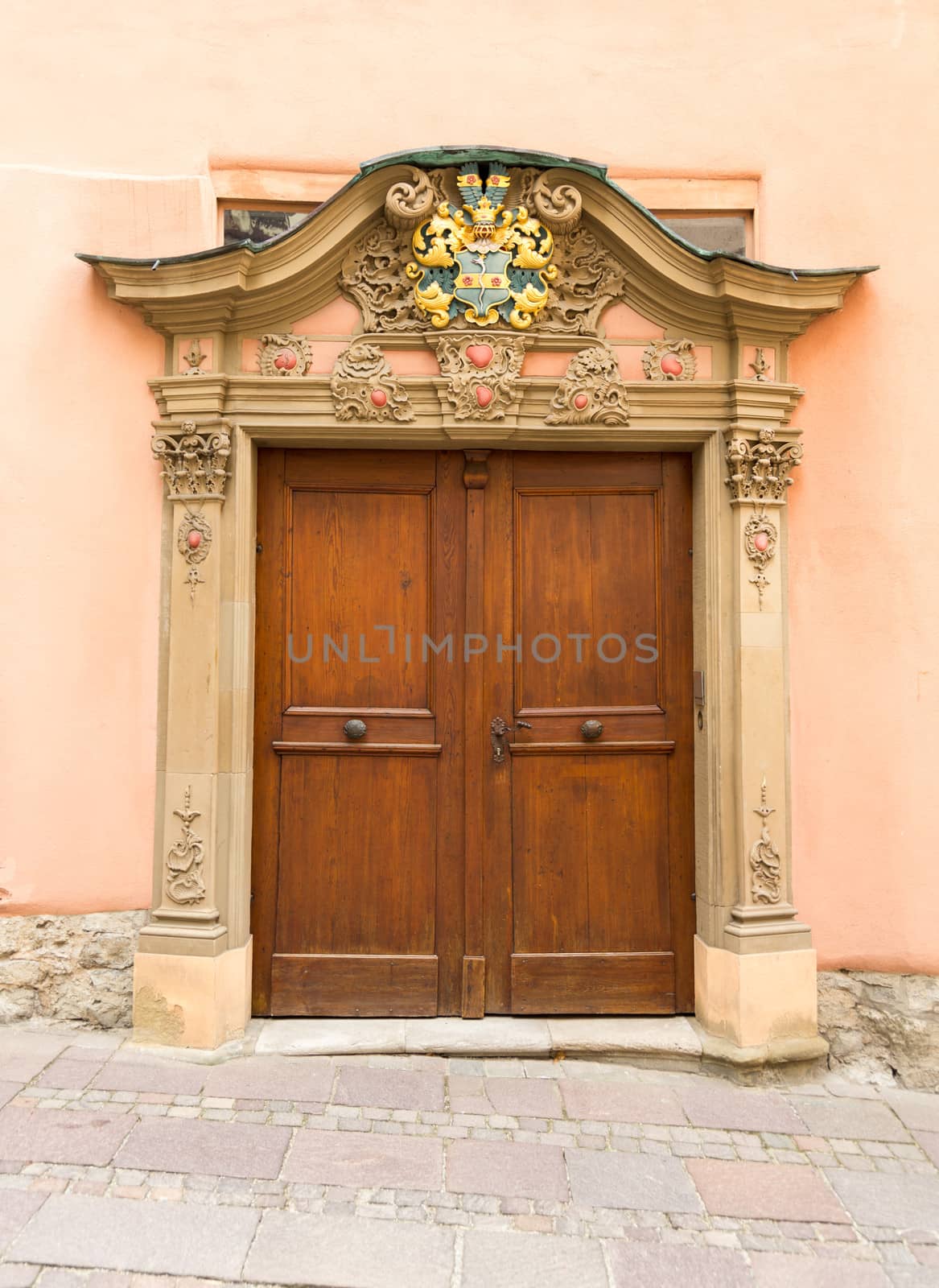 Pair of old wooden doors on old house in Schwabisch Hall in Southern Germany
