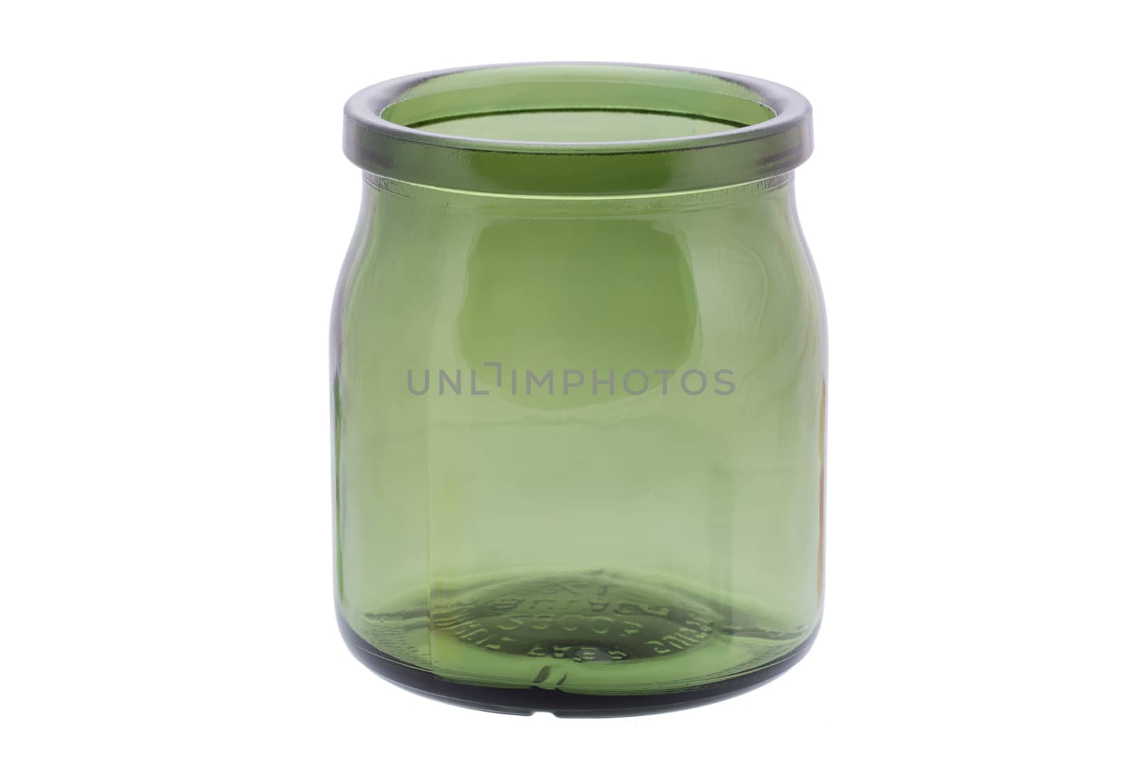 Empty green glass jar isolated on white background close up.