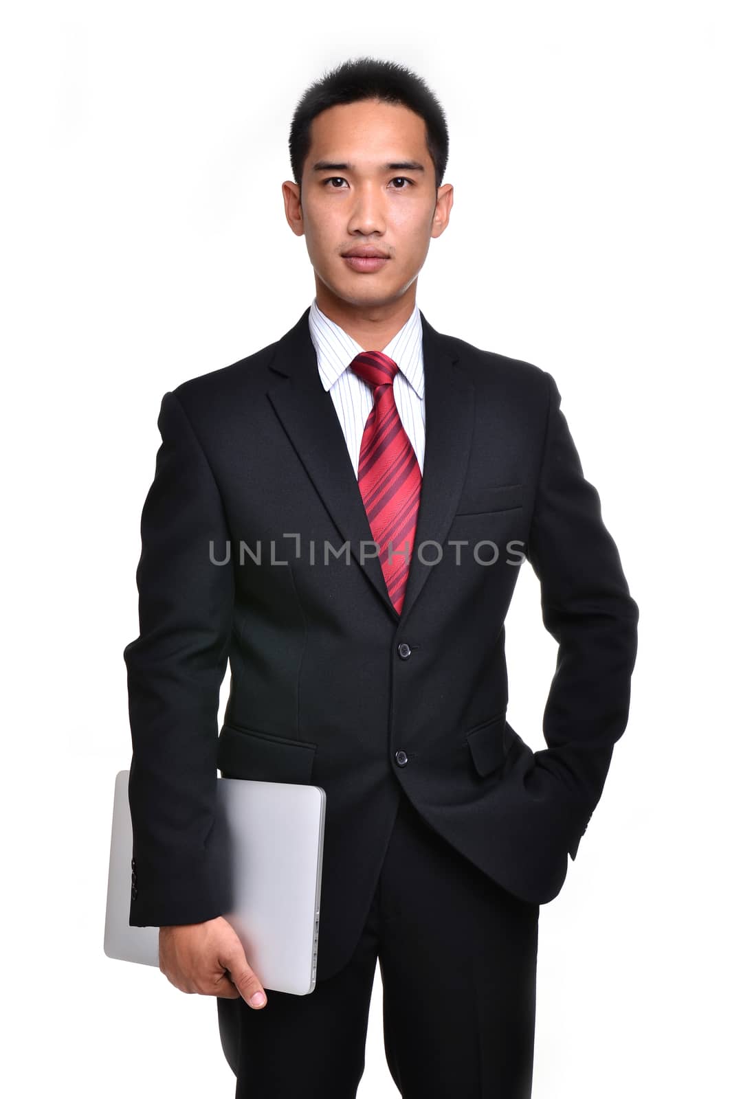 business man with laptop isolated on white background