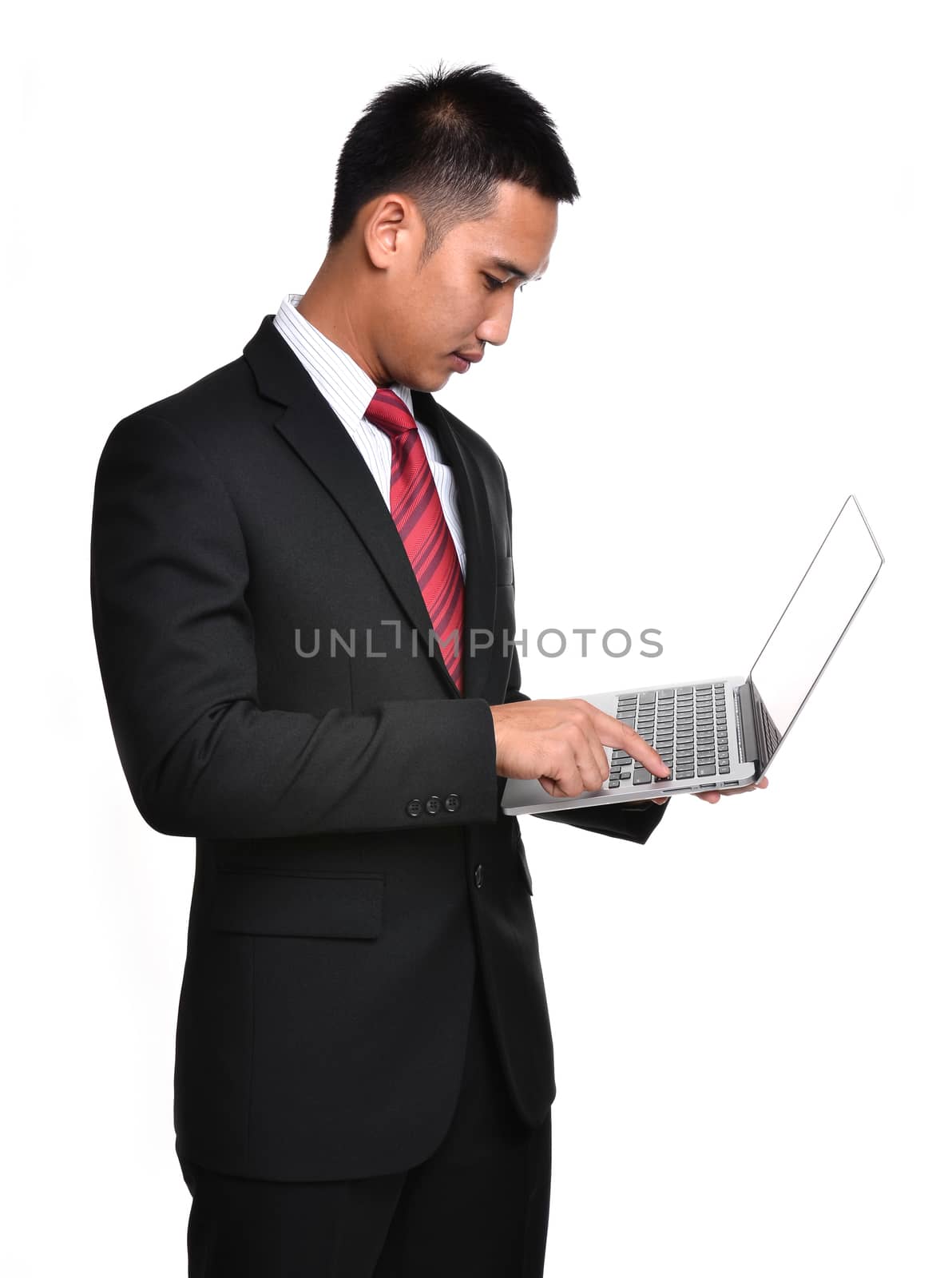 business man with laptop isolated on white background