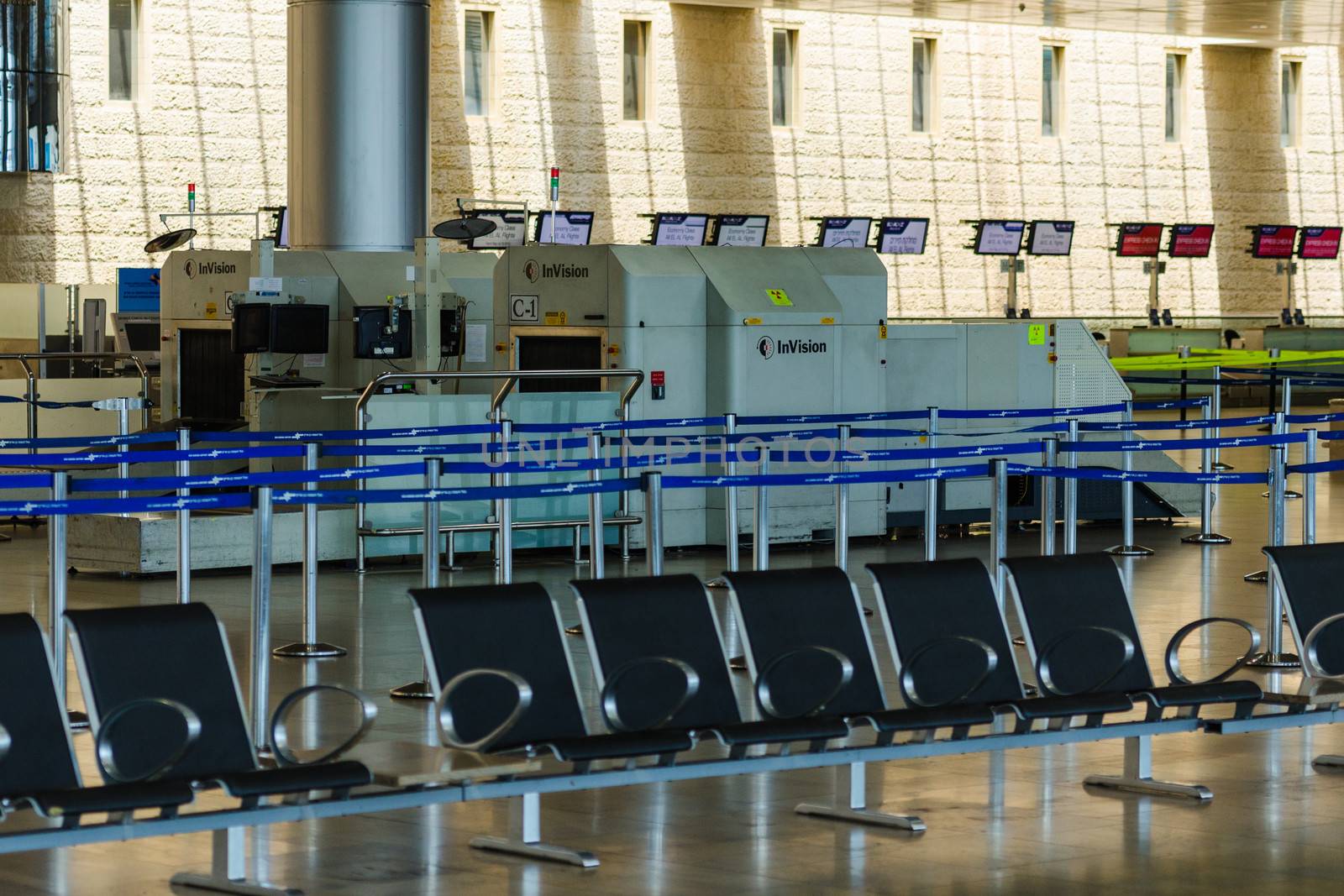 TEL AVIV - JULY 06, 2013: Empty hall of passenger terminal #3 in Israeli international airport Ben-Gurion on Saturday (Shabbat) on July 06, 2013 in Tel-Aviv, Israel