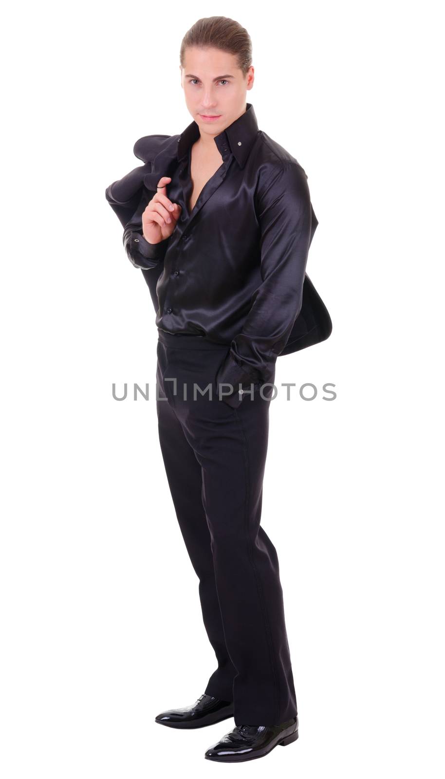 Elegant full-length young man in black suit and shirt derby isolated on white background