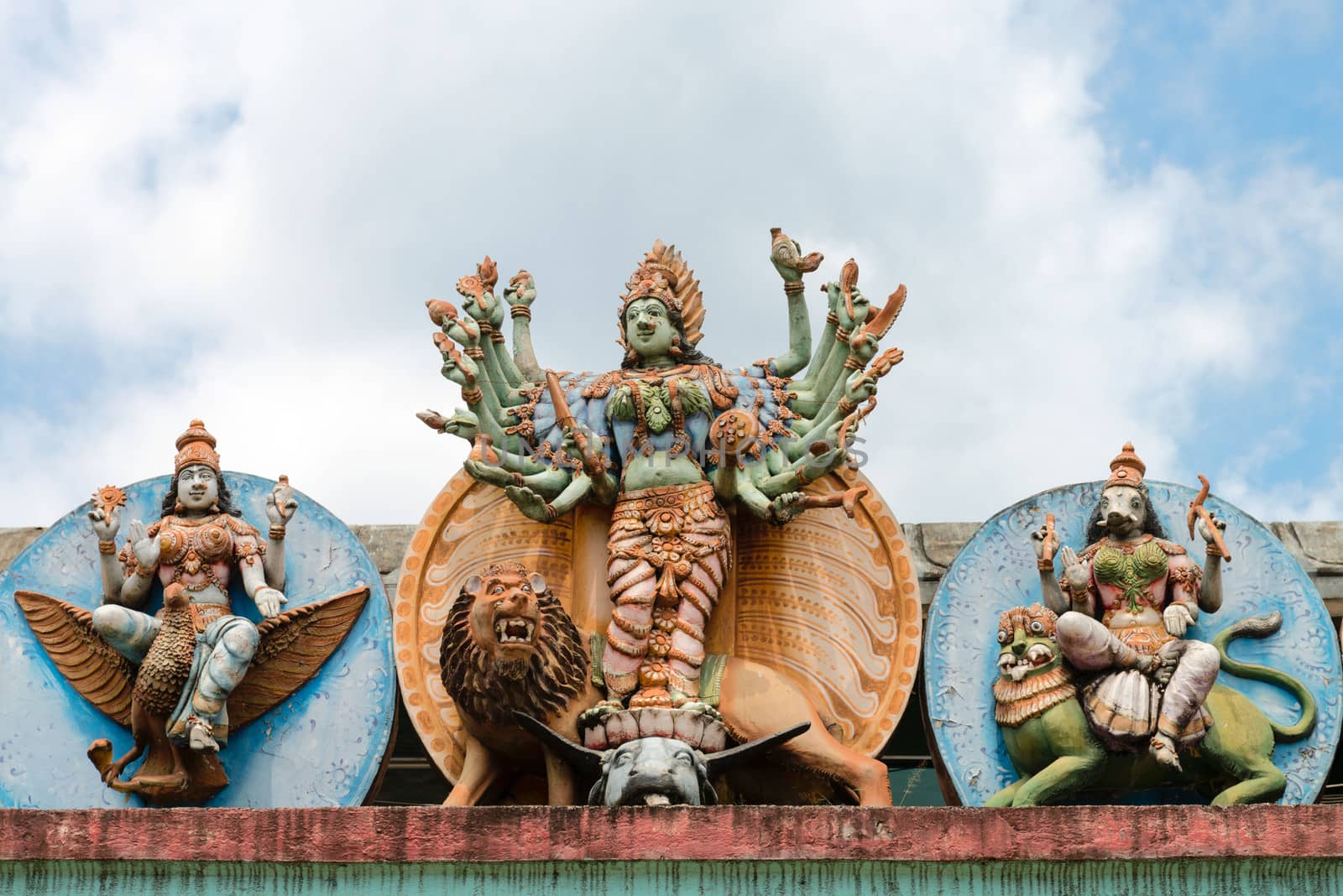 Statue of goddess Durga on her vehicle lion on Hindu temple Matale Sri Muttu Mariyamman, Sri Lanka