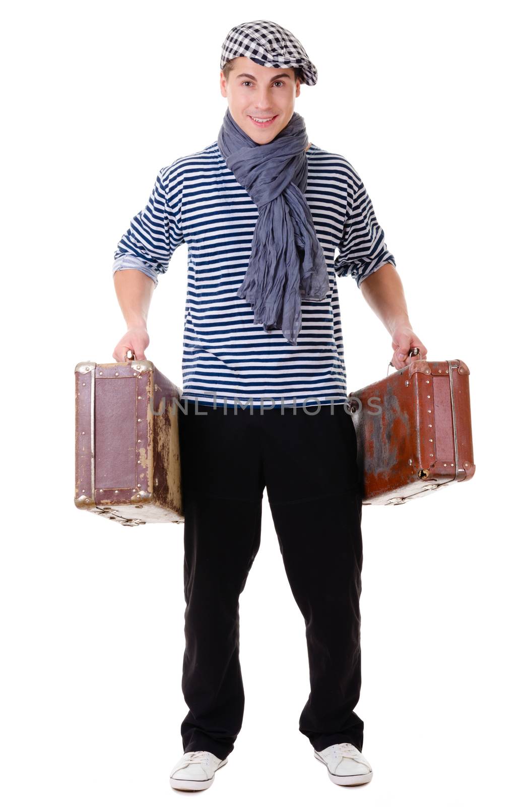 Full length stylish traveler man holding vintage suitcases isolated on white background