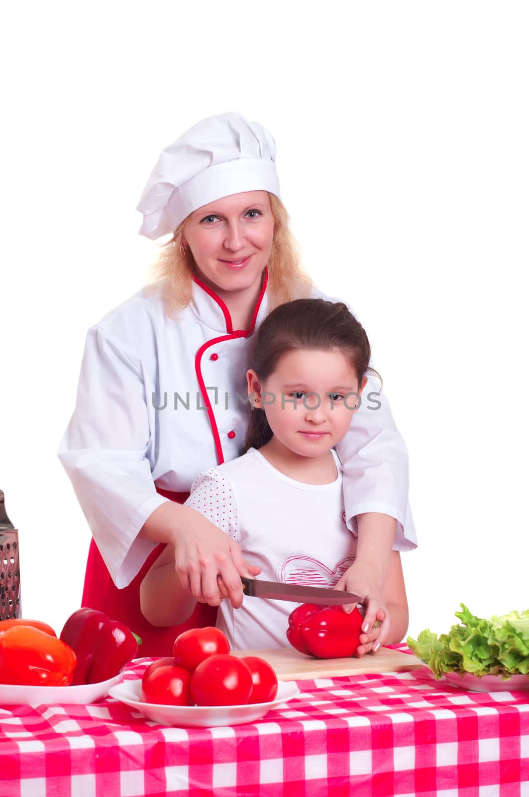 Mother and daughter cooking dinner, white backgroung