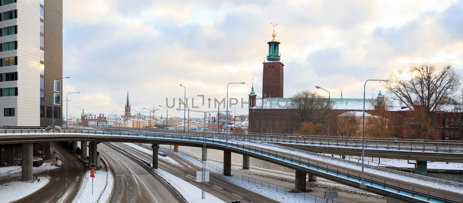 panorama Architecture Stockholm City Hall at dusk twilight Sweden