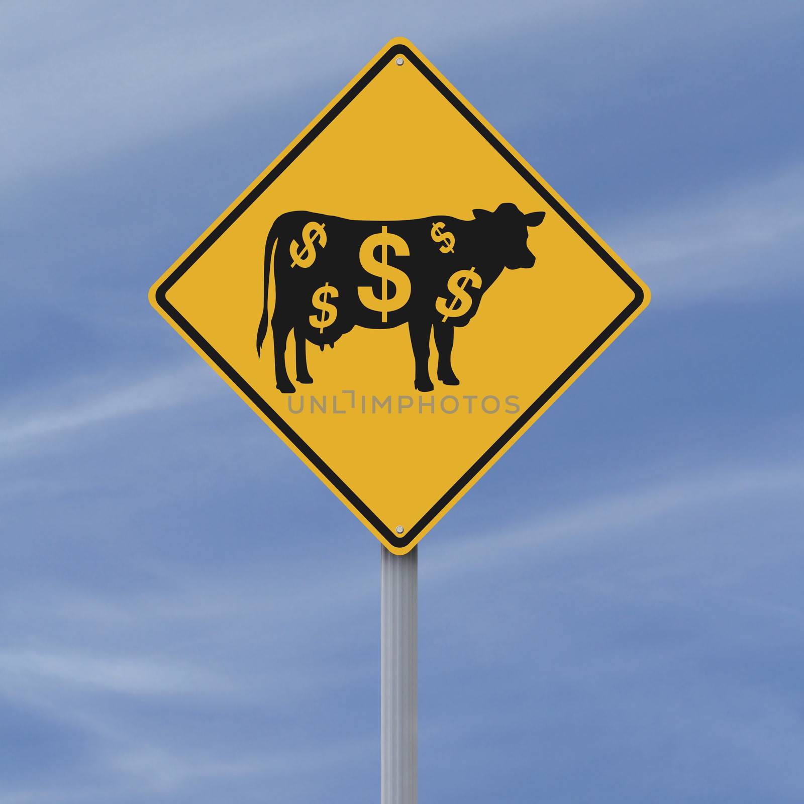 A conceptual road sign indicating a cash cow ahead
