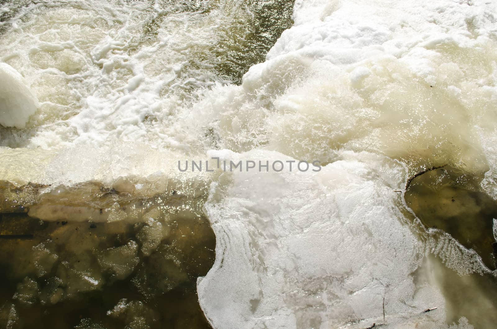 corner of river waterfall water cascade fall down and splash bubble. beautifully frozen ice and icicles.