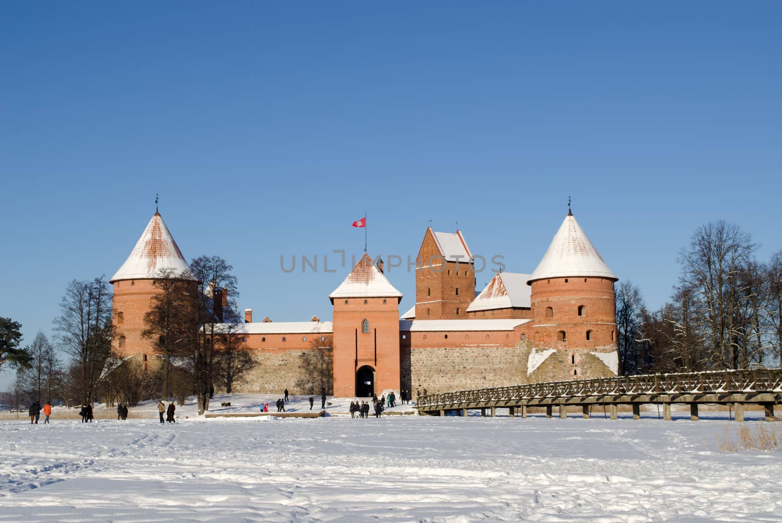 frozen lake tourists recreate castle Trakai winter by sauletas