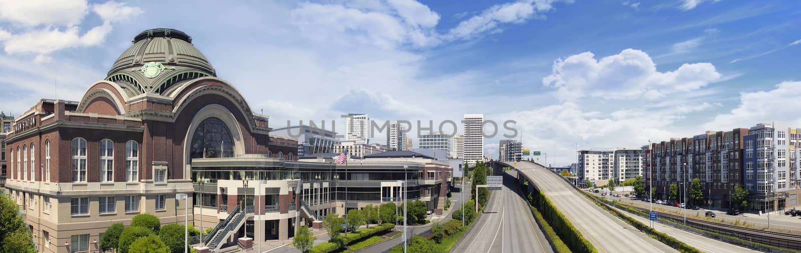 Freeways to City of Tacoma Washington with Union Station Federal Courthouse with Blue Sky and Clouds Panorama
