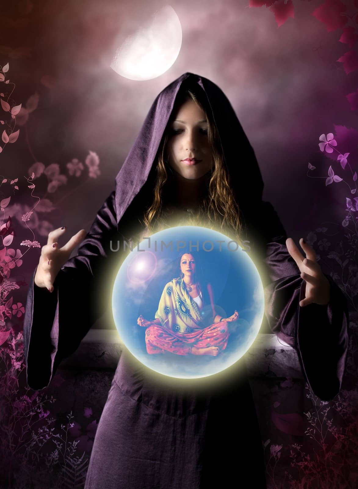 fantastic portrait of young pretty girl with crystal ball