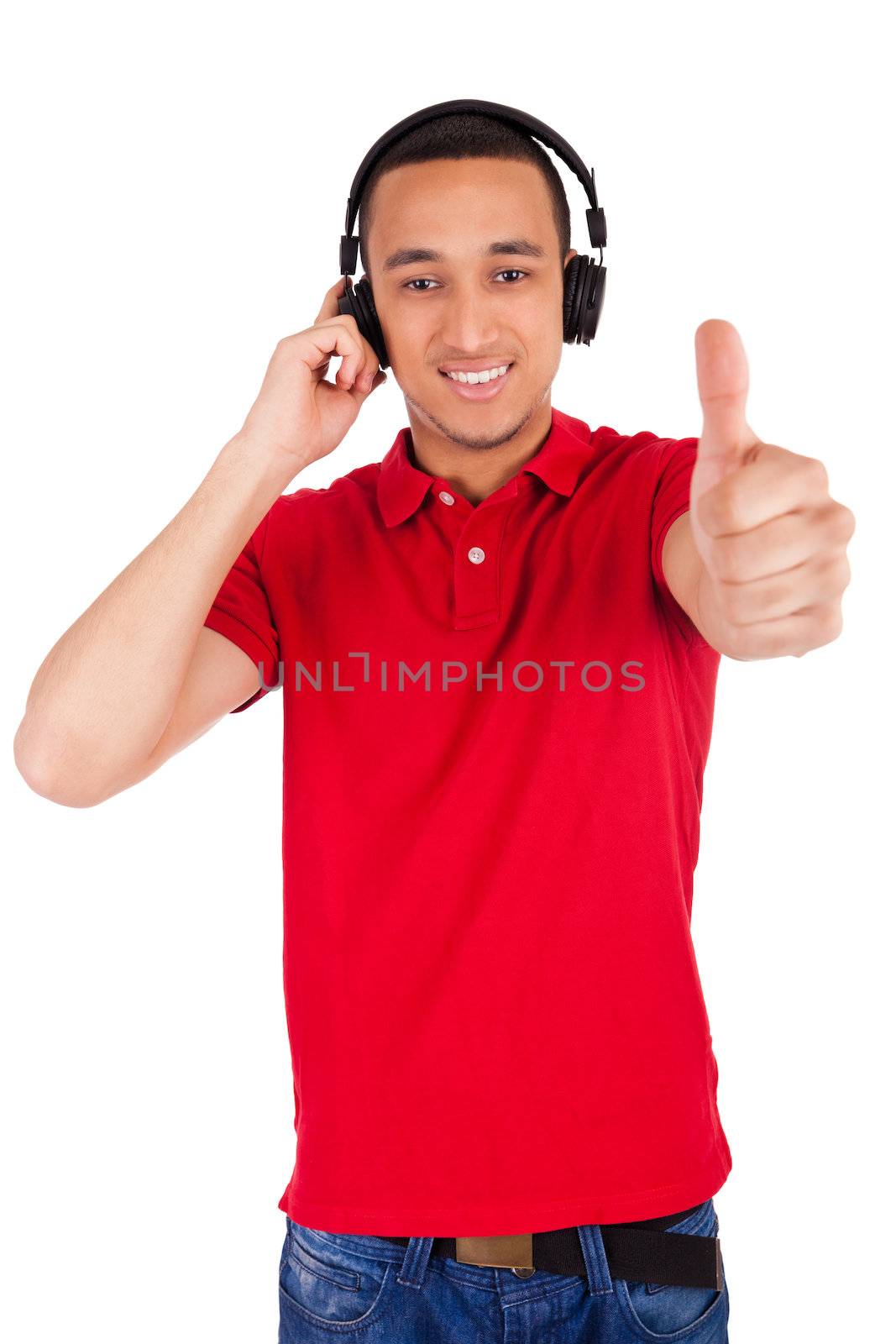 Black man having fun listening to music - isolated over a white background