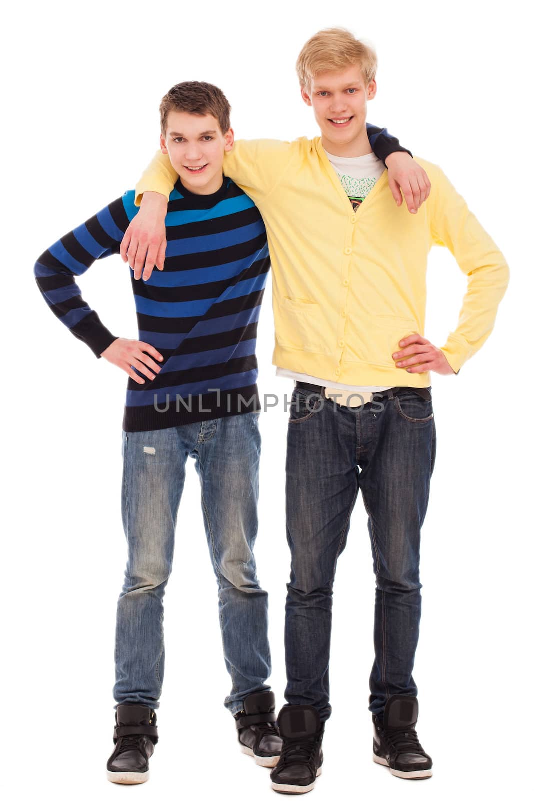 Two friends hugging together isolated over white background