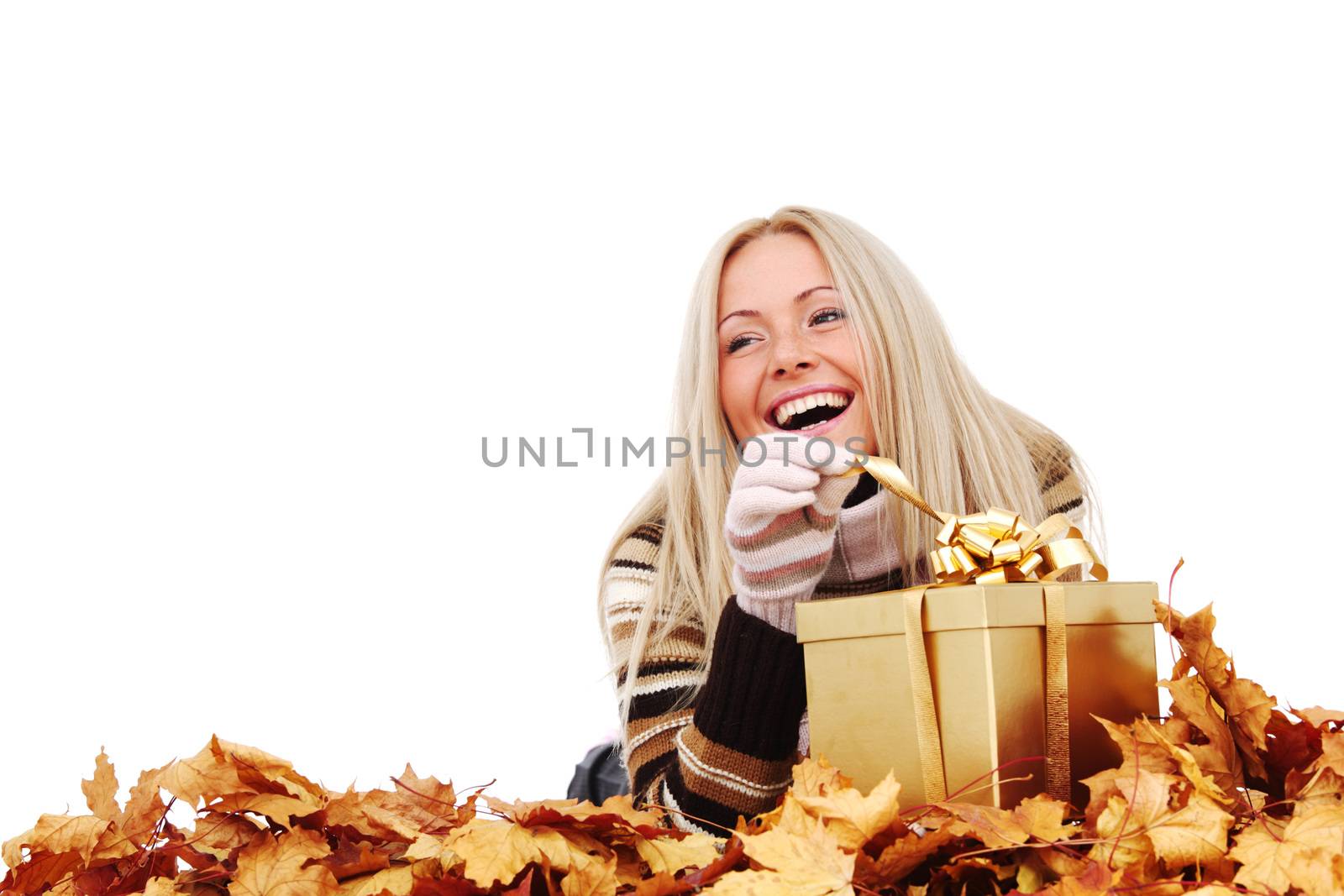  woman take autumn gift isolated in studio