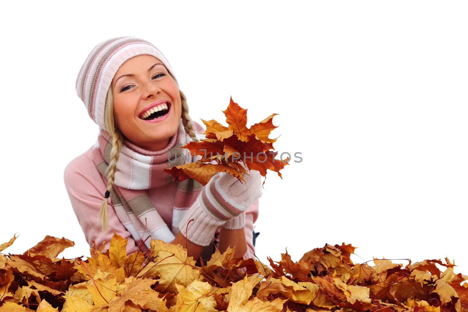  studio portrait of autumn woman in  yellow leaves