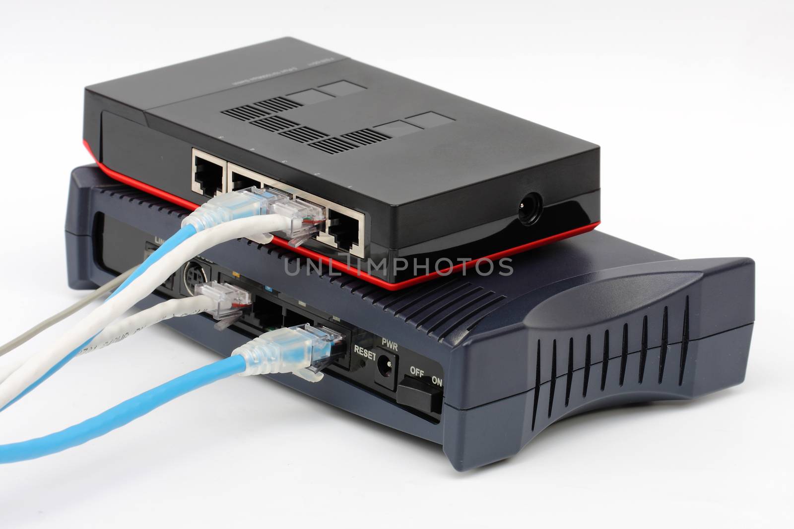 Ethernet switch isolated and router connect Lan on the white background