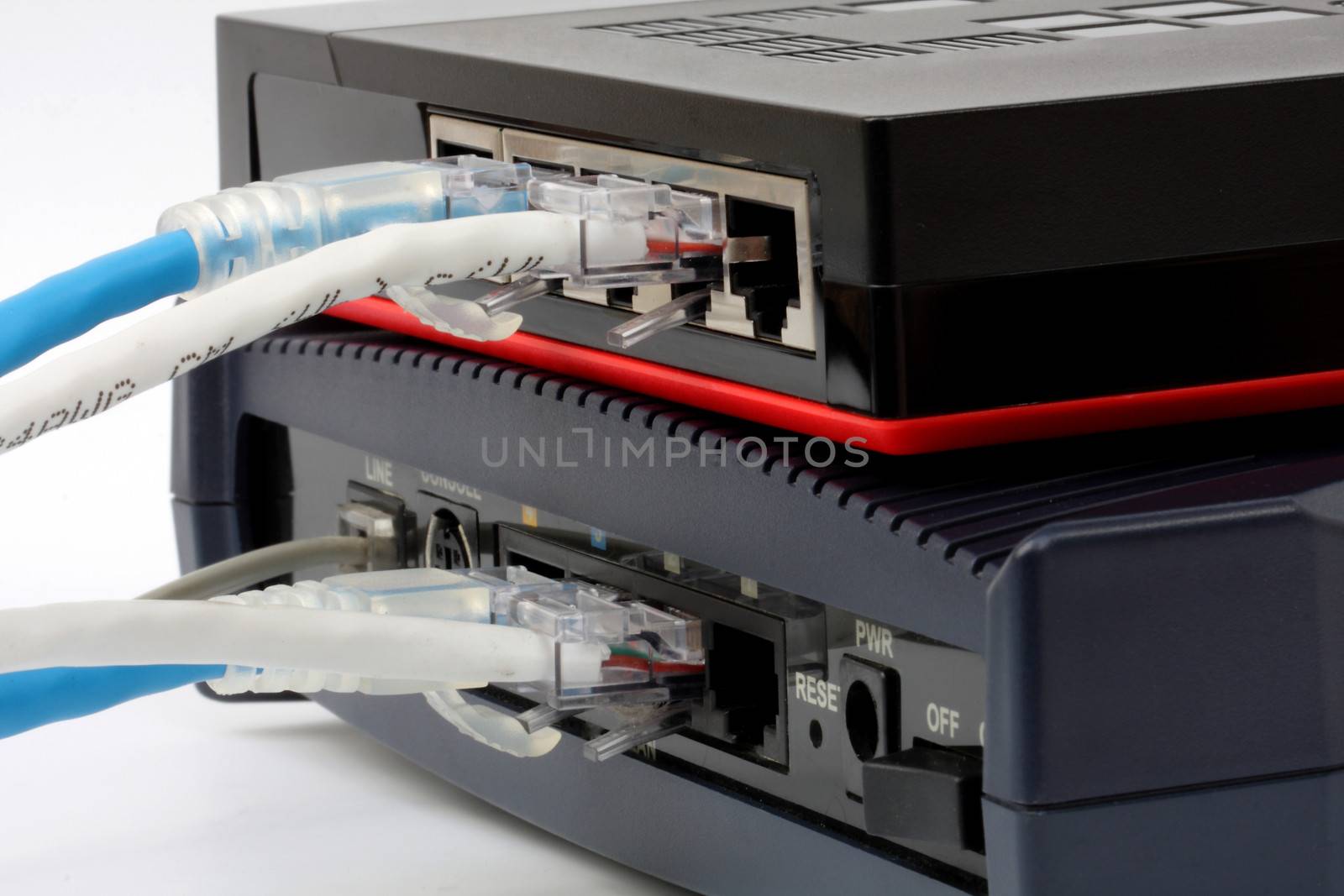 Ethernet switch isolated and router modem connect Lan on the white background