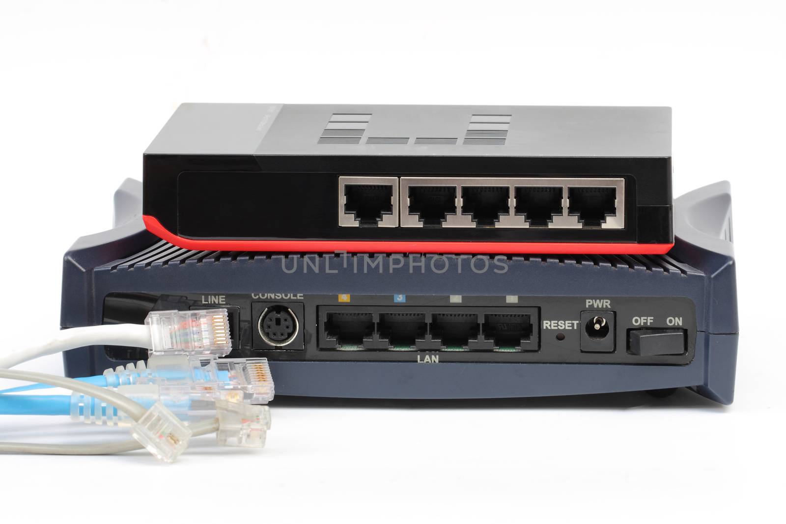 Ethernet switch isolated and router modem connect Lan on the white background